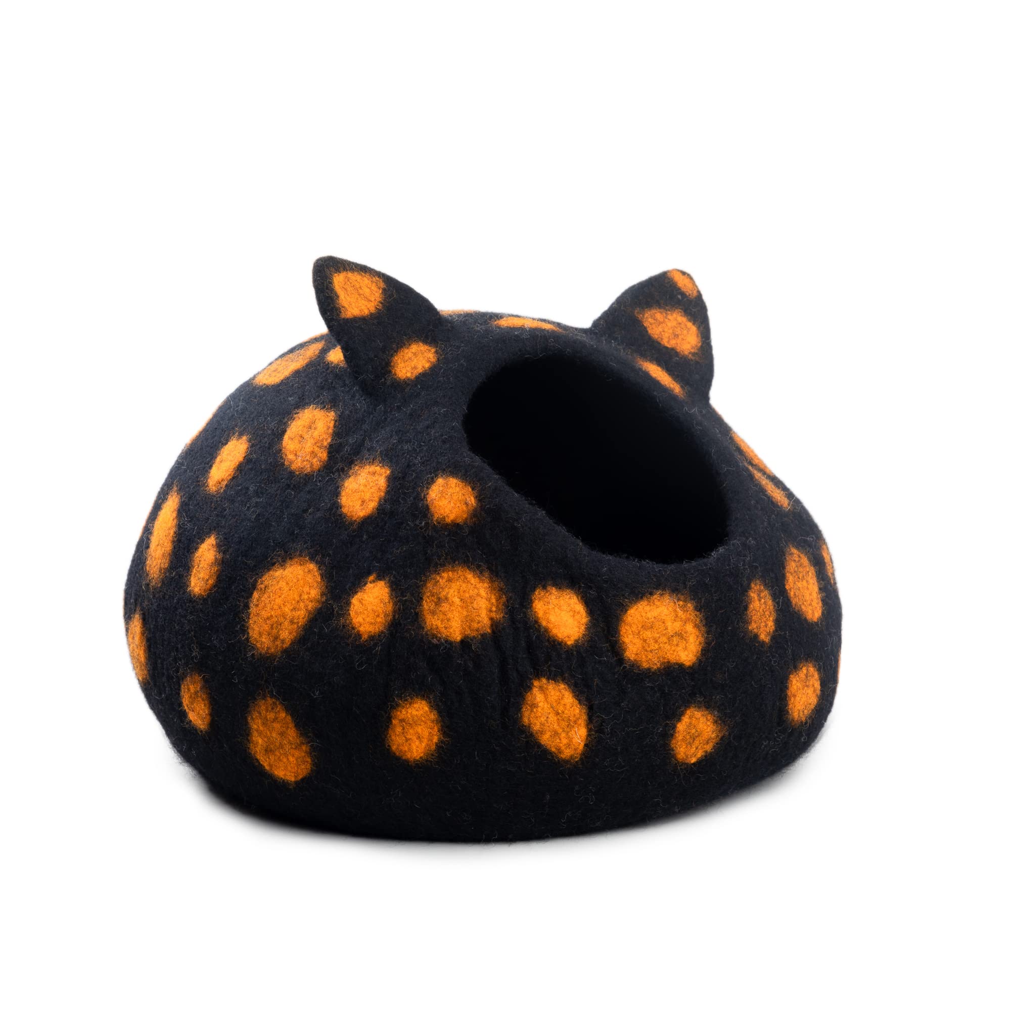 Woolygon Wool Cat Cave Bed - Handcrafted 100% Merino Wool, Eco-Friendly Felt Cat Cave For Indoor Cats And Kittens (Black Polka)